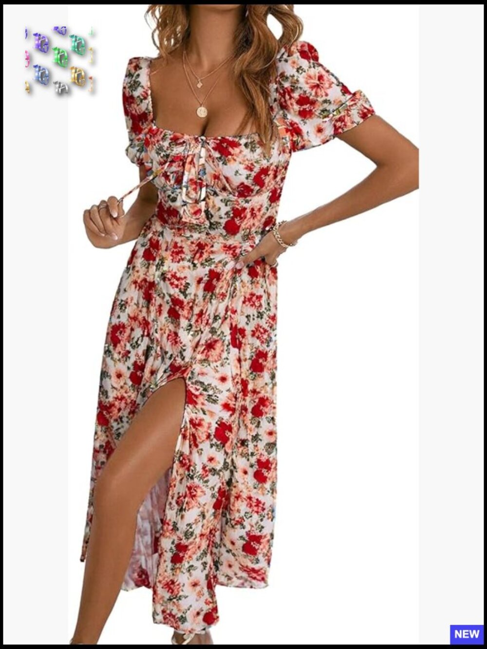 Boho Floral Midi Dress Square Neck Tie Front Split Thigh Casual Summer